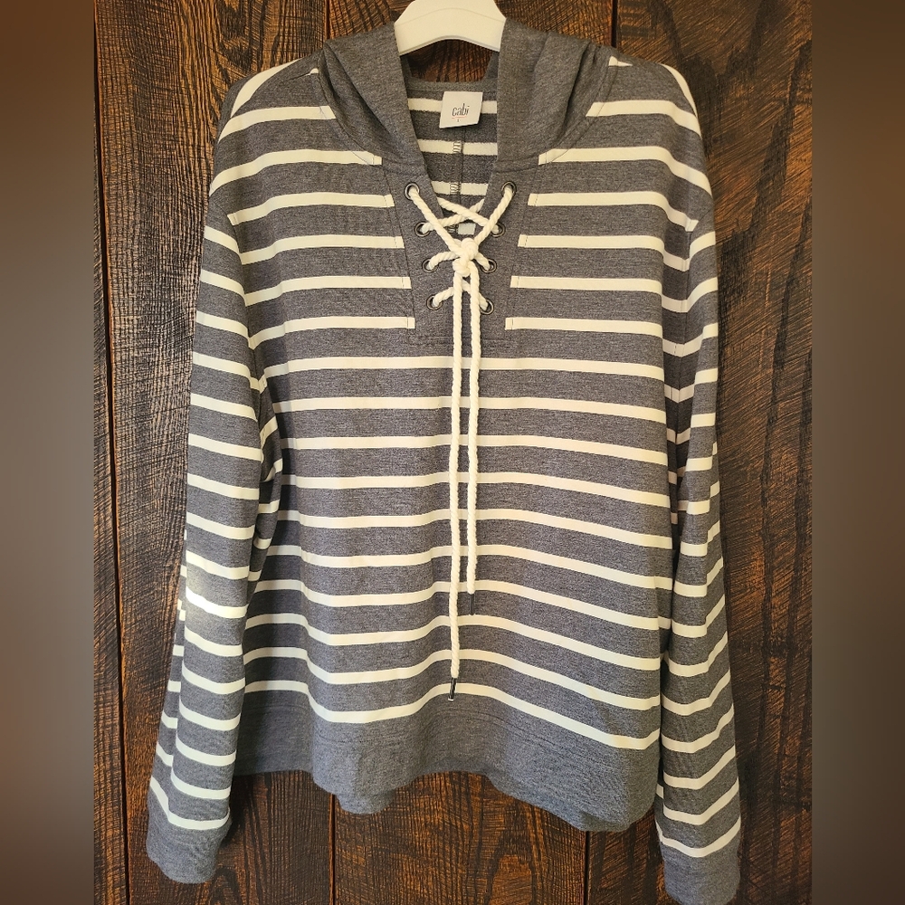 CAbi Women's Gray White Striped Lace Up Windward Hoodie #5324 Nautical Large
